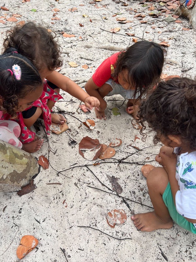 Niños explorando hojas en la arena